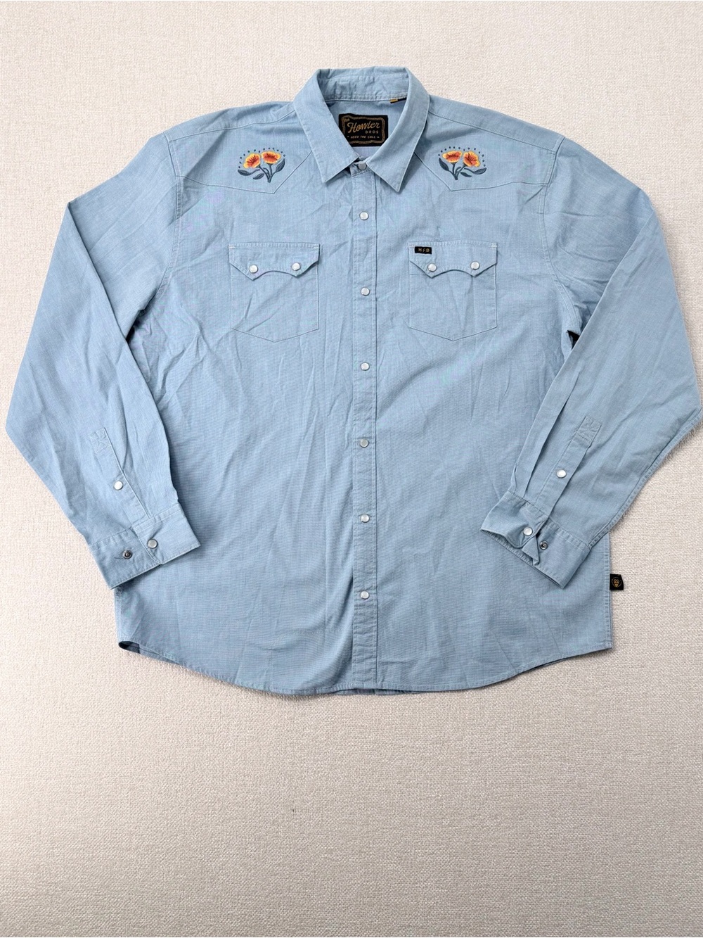 Howler Brothers men’s crosscut deluxe pearl snap Blue Western poppies Embroidery